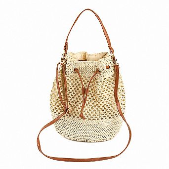 Woven Paper Fiber Bucket Bag Adjustable Strap Crochet Shoulder Handbag with Drawstring Closure