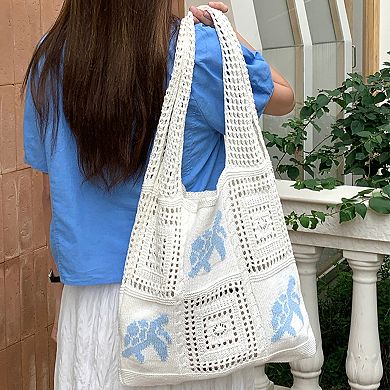 Women's Knit Tote Bag Floral Pattern Shoulder Bag Open Top Casual Everyday Carry Handbag