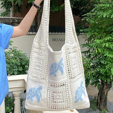 Women's Knit Tote Bag Floral Pattern Shoulder Bag Open Top Casual Everyday Carry Handbag