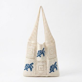 Women's Knit Tote Bag Floral Pattern Shoulder Bag Open Top Casual Everyday Carry Handbag