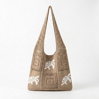 Women's Knit Tote Bag Floral Pattern Shoulder Bag Open Top Casual Everyday Carry Handbag