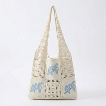 Women's Knit Tote Bag Floral Pattern Shoulder Bag Open Top Casual Everyday Carry Handbag
