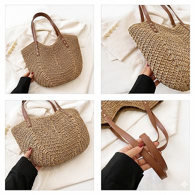 Woven Straw Tote Bag Large Capacity Shoulder Handbag Vacation Beach Everyday Carryall