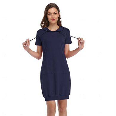 Women's Casual Short Sleeve Solid Pullover Midi Hoodie Dress Sweatshirt Dresses with Pocket