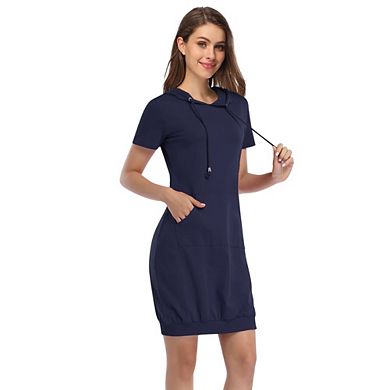 Women's Casual Short Sleeve Solid Pullover Midi Hoodie Dress Sweatshirt Dresses with Pocket