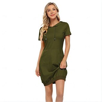 Women's Casual Short Sleeve Solid Pullover Midi Hoodie Dress Sweatshirt Dresses with Pocket