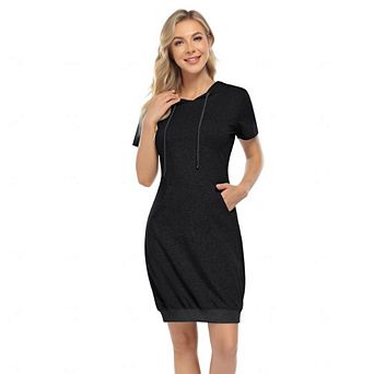 Women's Casual Short Sleeve Solid Pullover Midi Hoodie Dress Sweatshirt Dresses with Pocket