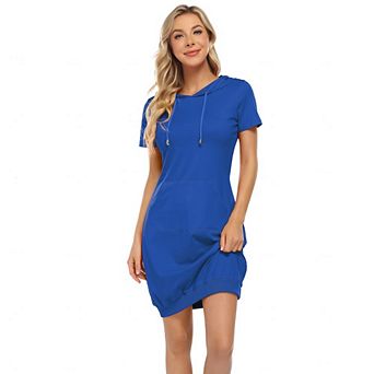 Women's Casual Short Sleeve Solid Pullover Midi Hoodie Dress Sweatshirt Dresses with Pocket
