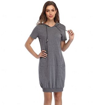 Women's Casual Short Sleeve Solid Pullover Midi Hoodie Dress Sweatshirt Dresses with Pocket