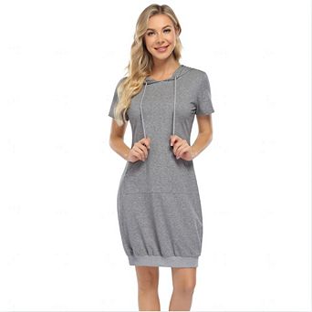 Women's Casual Short Sleeve Solid Pullover Midi Hoodie Dress Sweatshirt Dresses with Pocket