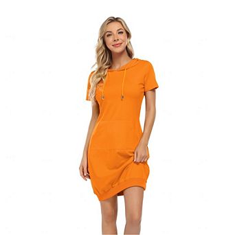 Women's Casual Short Sleeve Solid Pullover Midi Hoodie Dress Sweatshirt Dresses with Pocket