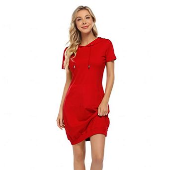 Women's Casual Short Sleeve Solid Pullover Midi Hoodie Dress Sweatshirt Dresses with Pocket