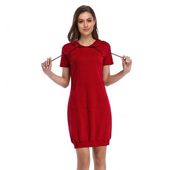 Women's Casual Short Sleeve Solid Pullover Midi Hoodie Dress Sweatshirt Dresses with Pocket