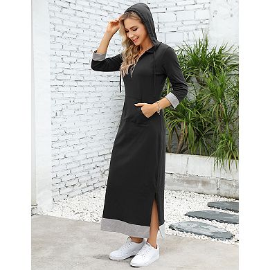 Women's Long Sleeve Maxi Hoodie Dress Color Blocking Zipper Pullover Sweatshirt Dresses