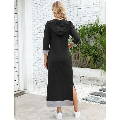 Women's Long Sleeve Maxi Hoodie Dress Color Blocking Zipper Pullover Sweatshirt Dresses