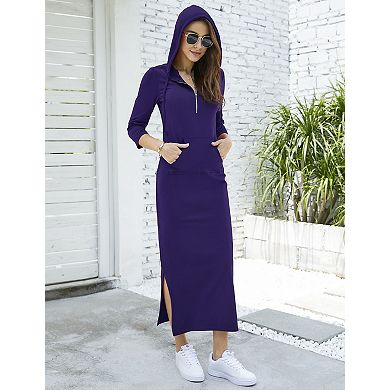 Women's Casual 3/4 Sleeve Maxi Hoodie Dress Solid Zipper Pocket Pullover Sweatshirt Dresses