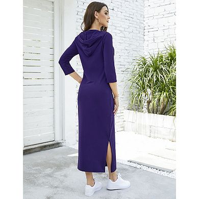 Women's Casual 3/4 Sleeve Maxi Hoodie Dress Solid Zipper Pocket Pullover Sweatshirt Dresses