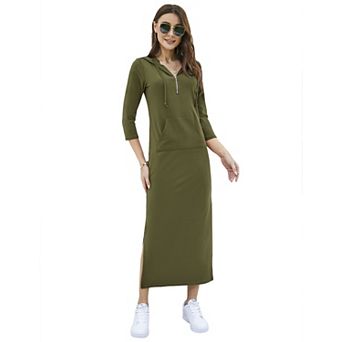 Women's Casual 3/4 Sleeve Maxi Hoodie Dress Solid Zipper Pocket Pullover Sweatshirt Dresses