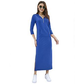 Women's Casual 3/4 Sleeve Maxi Hoodie Dress Solid Zipper Pocket Pullover Sweatshirt Dresses