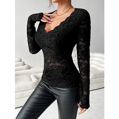 Women's V Neck Sheer Long Sleeve Blouse Floral Embroidery Mesh Lace Top