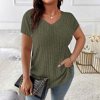 Women's Plus Size Casual Tops V Neck Solid Color Shirts Lightweight Short Sleeve Blouses