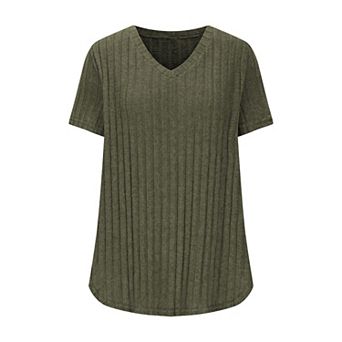 Women's Plus Size Casual Tops V Neck Solid Color Shirts Lightweight Short Sleeve Blouses