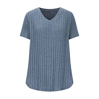 Women's Plus Size Casual Tops V Neck Solid Color Shirts Lightweight Short Sleeve Blouses