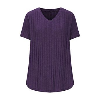 Women's Plus Size Casual Tops V Neck Solid Color Shirts Lightweight Short Sleeve Blouses