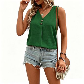 Women's Summer V-Neck Button Vest Loose Casual Tank Tops Sleeveless Shirt