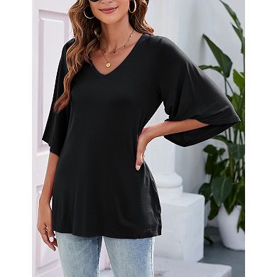 Women's V Neck 3/4 Sleeve Top Summer Casual Loose Fit Solid Color Blouse