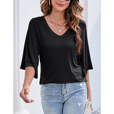 Women's V Neck 3/4 Sleeve Top Summer Casual Loose Fit Solid Color Blouse