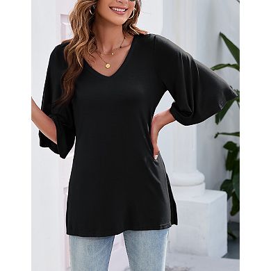 Women's V Neck 3/4 Sleeve Top Summer Casual Loose Fit Solid Color Blouse
