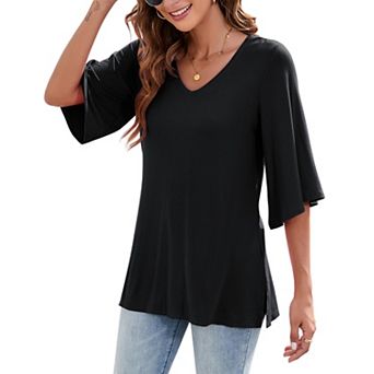 Women's V Neck 3/4 Sleeve Top Summer Casual Loose Fit Solid Color Blouse