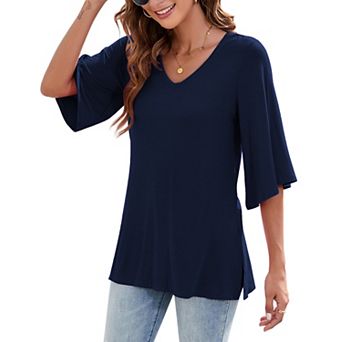 Women's V Neck 3/4 Sleeve Top Summer Casual Loose Fit Solid Color Blouse