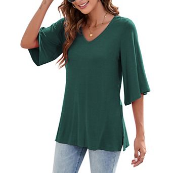 Women's V Neck 3/4 Sleeve Top Summer Casual Loose Fit Solid Color Blouse