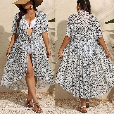 Women's Long Beach Kimono Cover Up Open Front Drawstring Swimsuit Bathing Suit Cardigan Coverups