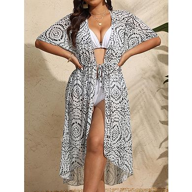 Women's Long Beach Kimono Cover Up Open Front Drawstring Swimsuit Bathing Suit Cardigan Coverups