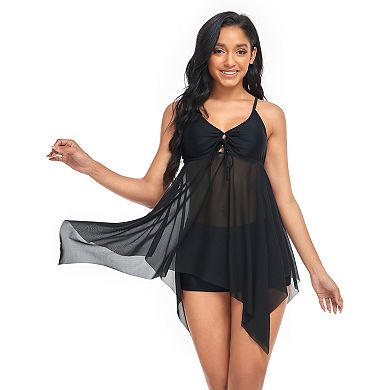 Women's Mesh Tankini Two Piece Swimsuit Asymmetrical Hem Swimwear