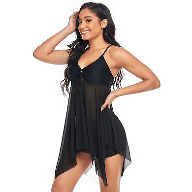 Women's Mesh Tankini Two Piece Swimsuit Asymmetrical Hem Swimwear