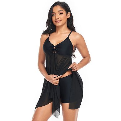 Women's Mesh Tankini Two Piece Swimsuit Asymmetrical Hem Swimwear