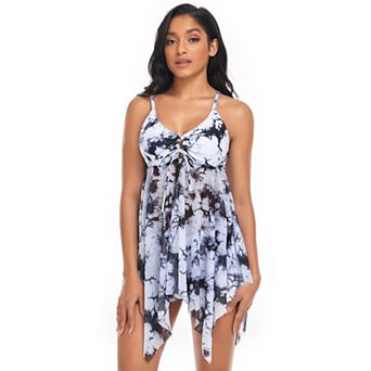 Women's Mesh Tankini Two Piece Swimsuit Asymmetrical Hem Swimwear