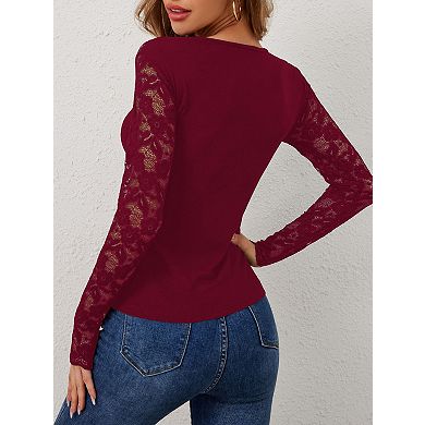 Women's V-Neck Lace Patchwork Fitted Long Sleeve T-Shirt - Lightweight