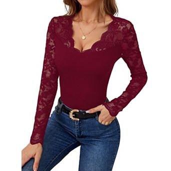 Women's V-Neck Lace Patchwork Fitted Long Sleeve T-Shirt - Lightweight