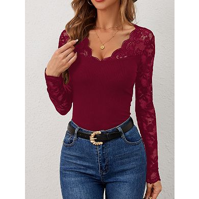 Women's V-Neck Lace Patchwork Fitted Long Sleeve T-Shirt - Lightweight