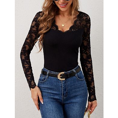 Women's V-Neck Lace Patchwork Fitted Lightweight T-Shirt