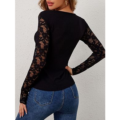 Women's V-Neck Lace Patchwork Fitted Lightweight T-Shirt
