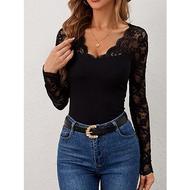 Women's V-Neck Lace Patchwork Fitted Lightweight T-Shirt