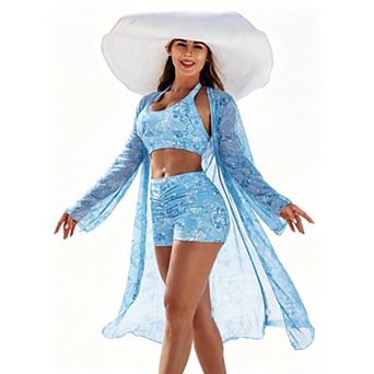 3 pc Floral Bikini Set Women High Waist Swimsuit with Long Sleeve Kimono Beach Cover Up