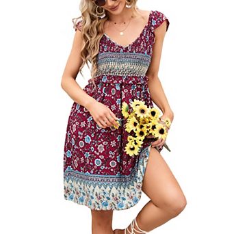 Bohemian Smocked Mini Dress Women Summer Floral V Neck Flutter Sleeve Casual Swing Dress