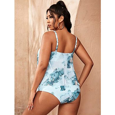 Women Curvy Plus Size Tankini Set Floral Ruffled Knot Front High Waisted Swimsuits